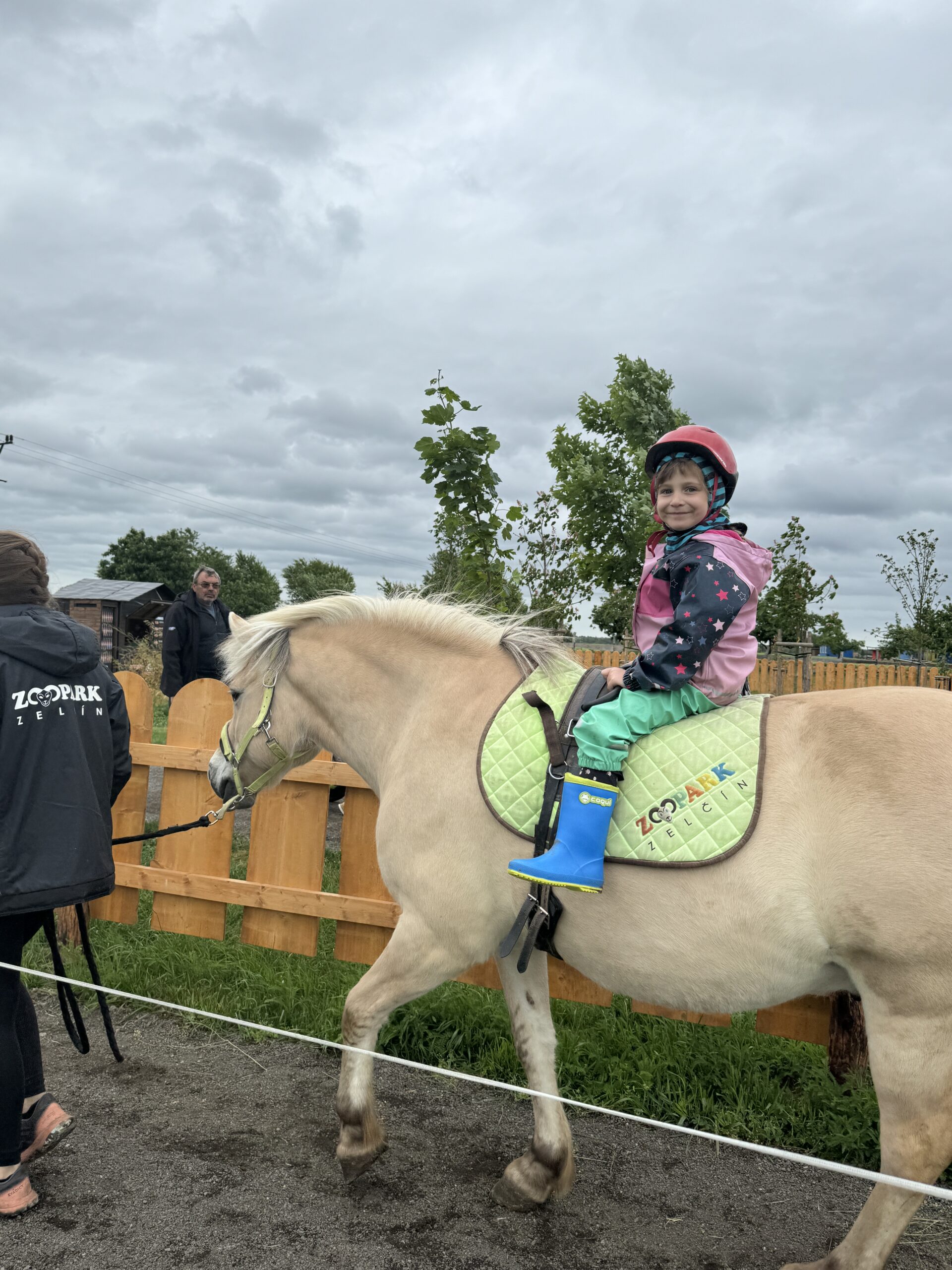 Dívka jede na koni na táboře se zvířaty.