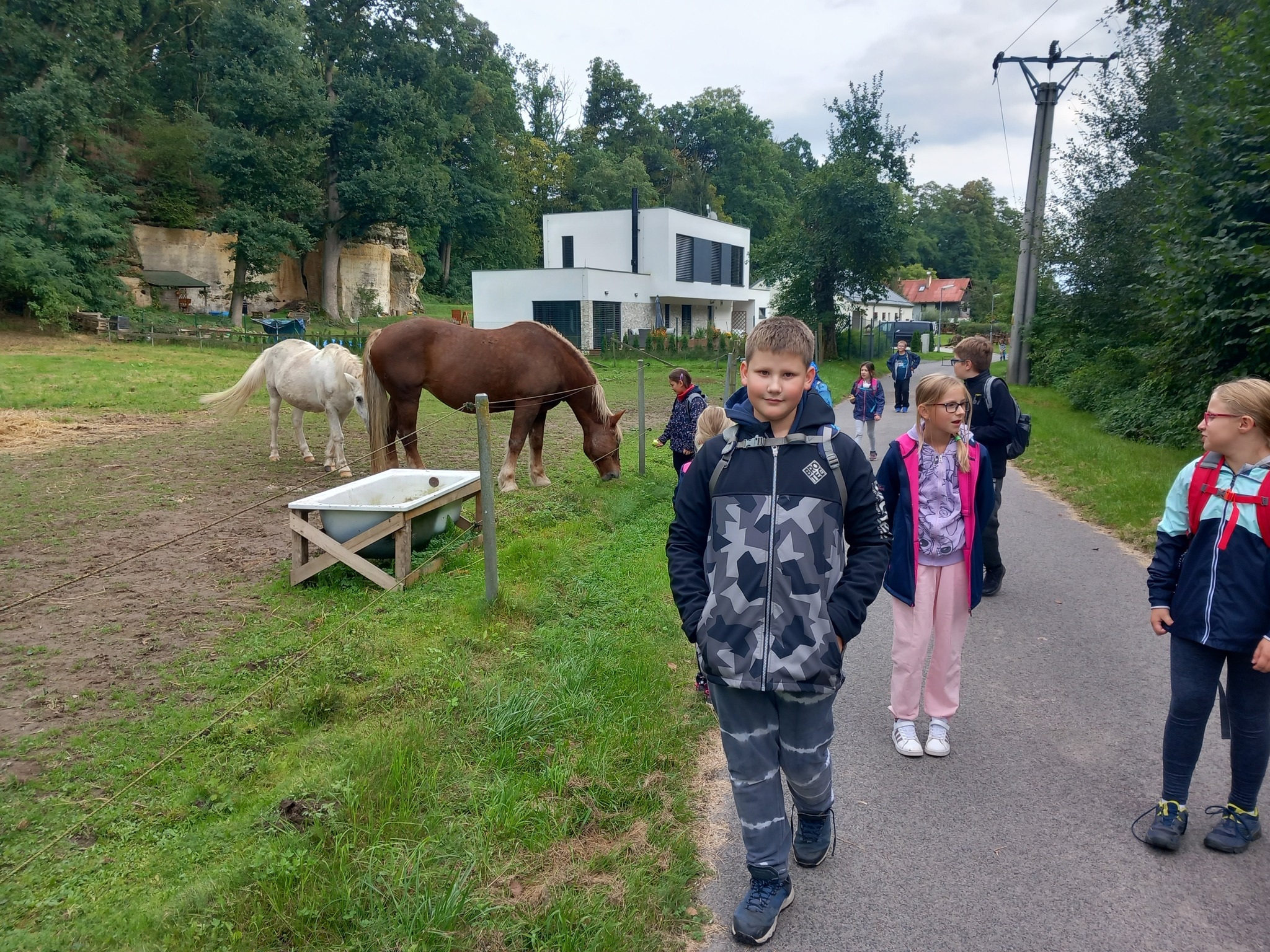 Děti na letní dětském táboře s koňmi jdou na výlet.
